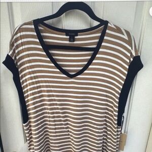 Halogen Brown and White Striped V-Neck Top with Black Trim